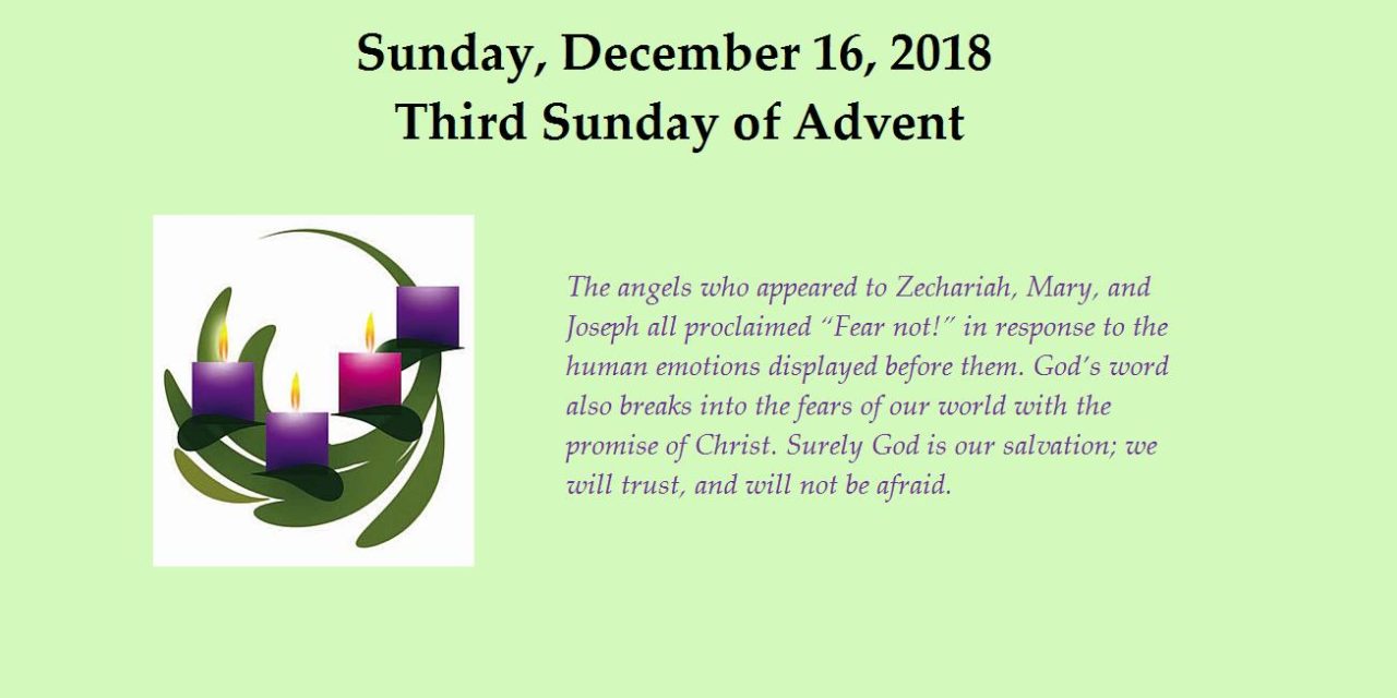 Sunday December 16, 2018 Third Sunday of Advent
