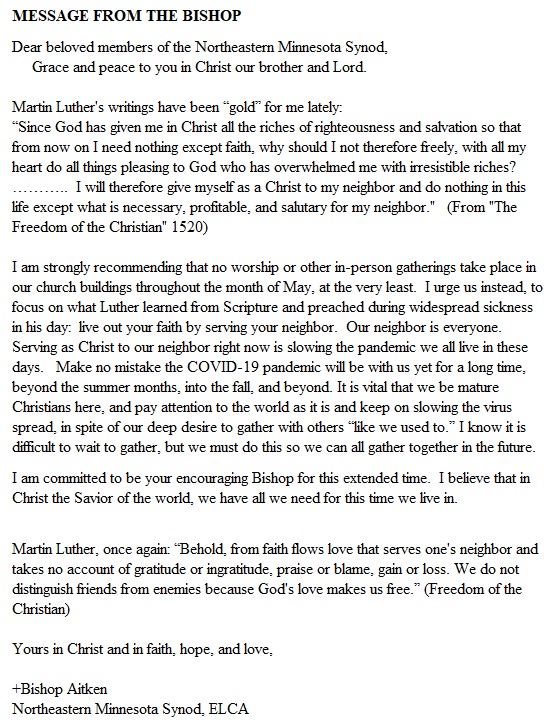 message from the bishop - Bethesda Lutheran Church of Malmo, MN